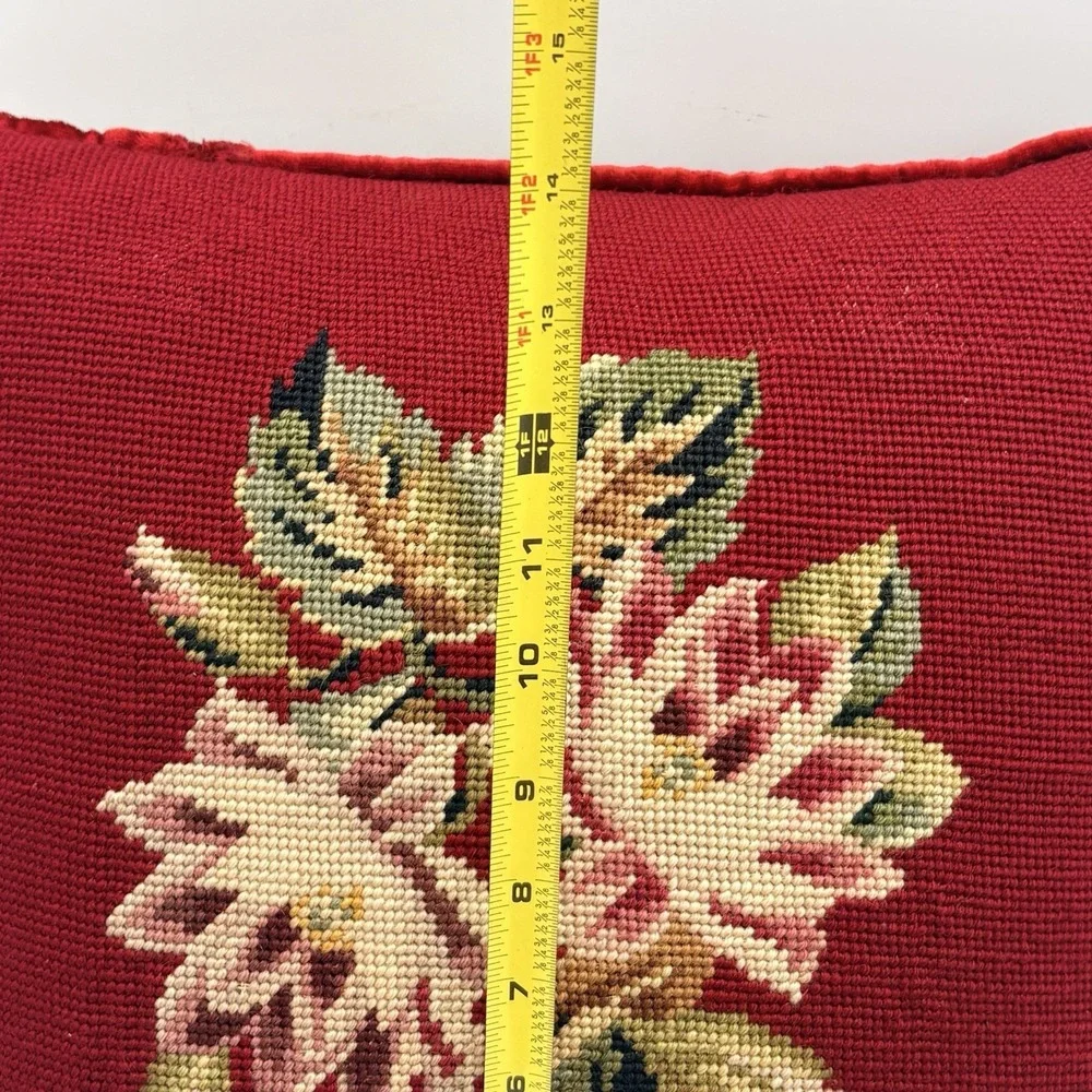 VTG Needlepoint Throw Pillows Burgundy Red Velvet Floral Handmade 14